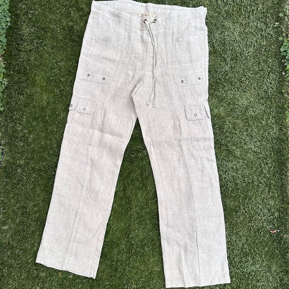 XCVI 100% Natural Linen Drawstring Relax Fit Cargo Pants Lagenlook Minimalist S - Picture 2 of 9